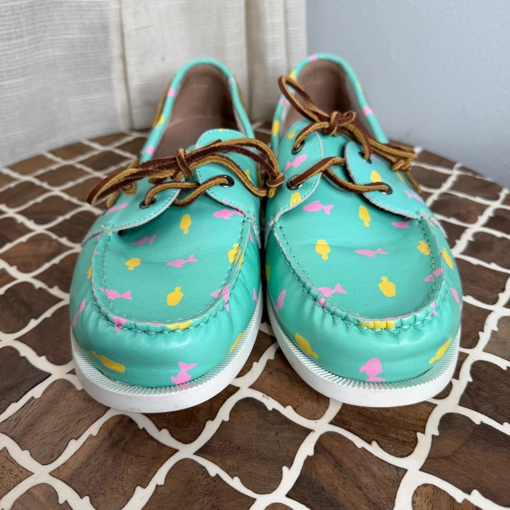 Froats Bermuda Breeze Boat Shoes‎ Fish Print Aqua Teal Leather Men's Size 10.5
